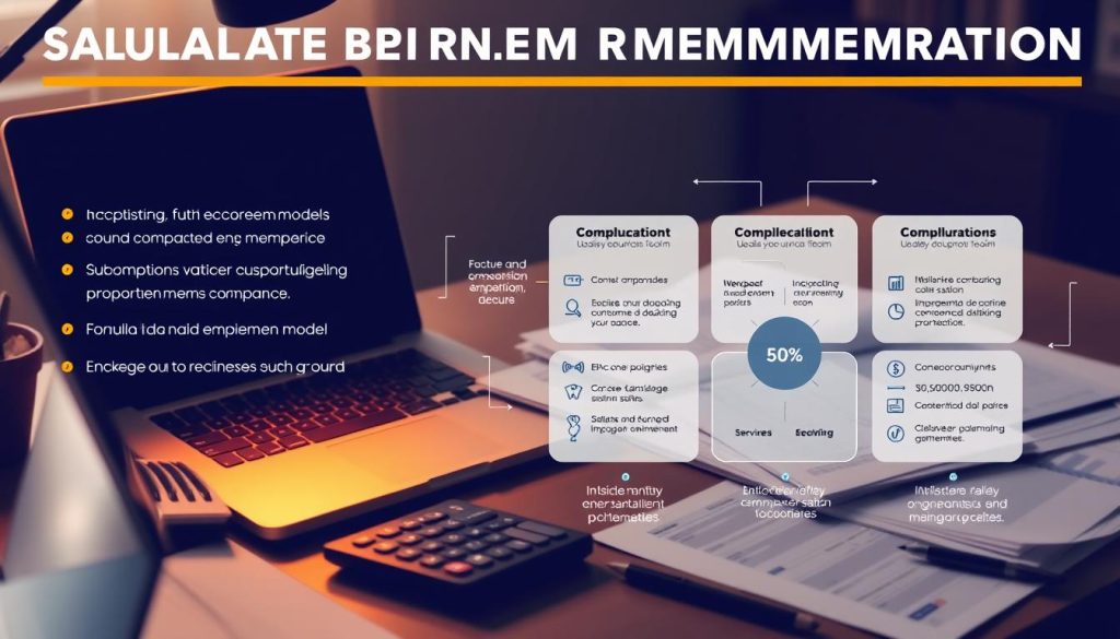 A sleek, modern infographic showcasing the intricacies of calculating remuneration in a Umalis Group salaried employment setup. The scene depicts a desktop workspace with a laptop, calculator, and various financial documents neatly arranged. Warm lighting casts a professional glow, while a minimalist color palette of grays, blues, and whites conveys an air of efficiency and precision. The infographic presents clear, data-driven visualizations breaking down the key factors, formulas, and considerations for determining fair compensation under the Umalis Group salaried employment model. The overall mood is one of informed, analytical decision-making.