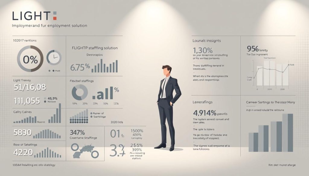 A sleek, modern infographic showcasing the key statistics of the LIGHT PORTAGE employment solution. In the foreground, a clean grid of numerical data and visualizations, highlighting the growth, demographics, and benefits of the flexible staffing model. The middle ground features an elegant illustration of a professional in a suit, symbolizing the career-boosting potential of LIGHT PORTAGE. The background maintains a minimalist, corporate aesthetic with subtle grid patterns and muted tones, emphasizing the precision and reliability of the platform. Crisp lighting casts a soft glow, projecting a sense of authority and expertise. The overall composition conveys the data-driven insights and empowering opportunities that LIGHT PORTAGE provides for career-minded individuals.