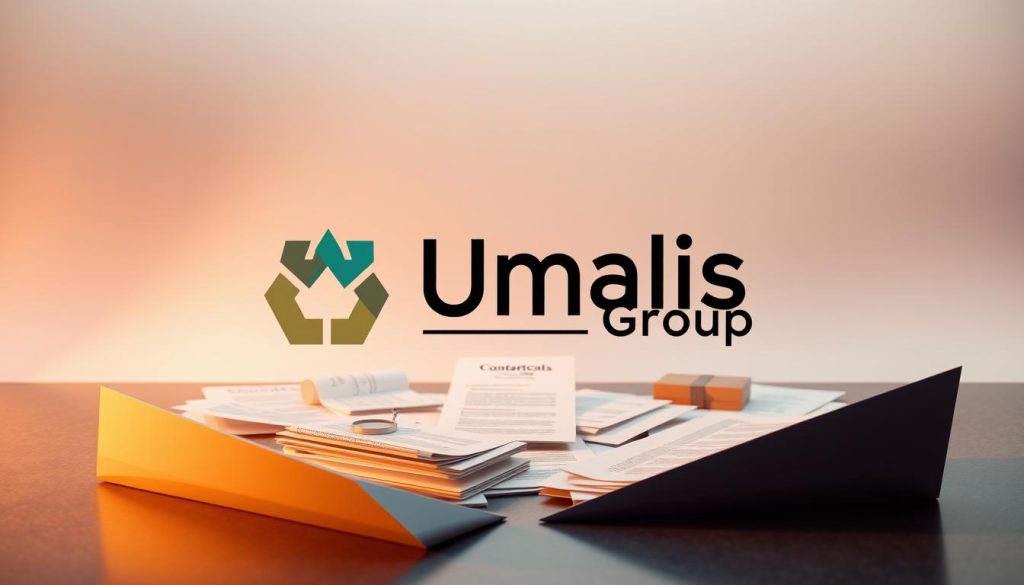 A sleek, modern legal framework with a stylized "Umalis Group" logo prominently displayed. The foreground features a sophisticated three-dimensional arrangement of intersecting planes and geometric shapes, conveying a sense of structure, order, and authority. The middle ground showcases a collection of legal documents, contracts, and other official-looking papers, hinting at the various contractual aspects of portage salarial. The background evokes a minimalist, high-tech environment with subtle gradients and clean lines, creating an atmosphere of professionalism and technological integration. Warm, directional lighting from the left side casts dramatic shadows, adding depth and emphasizing the three-dimensional nature of the composition. The overall mood is one of clarity, precision, and the seamless integration of legal and business practices.