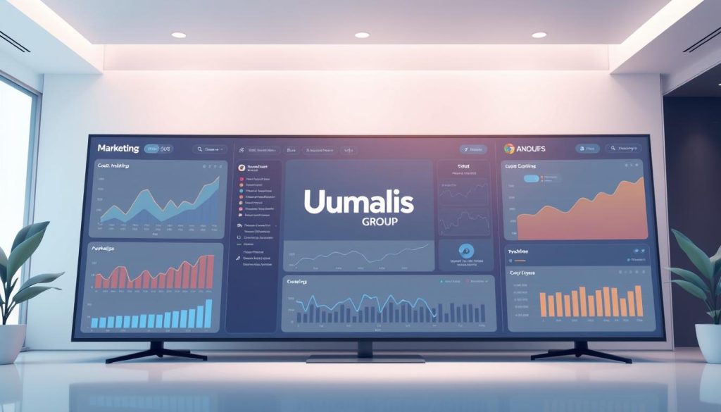 A sleek, modern marketing analytics dashboard with clean, minimalist UI. The foreground features a series of interactive charts, graphs, and data visualizations, presented on a large, high-resolution display. The middle ground showcases a large, prominent "Umalis Group" logo, while the background subtly blends geometric shapes and data elements to create a professional, yet visually appealing atmosphere. The lighting is soft and even, with a touch of directional lighting to accentuate the dashboard's depth and dimension. The camera angle is slightly elevated, providing an optimal view of the dashboard's layout and functionality. A sleek, modern marketing analytics dashboard with clean, minimalist UI. The foreground features a series of interactive charts, graphs, and data visualizations, presented on a large, high-resolution display. The middle ground showcases a large, prominent "Umalis Group" logo, while the background subtly blends geometric shapes and data elements to create a professional, yet visually appealing atmosphere. The lighting is soft and even, with a touch of directional lighting to accentuate the dashboard's depth and dimension. The camera angle is slightly elevated, providing an optimal view of the dashboard's layout and functionality.