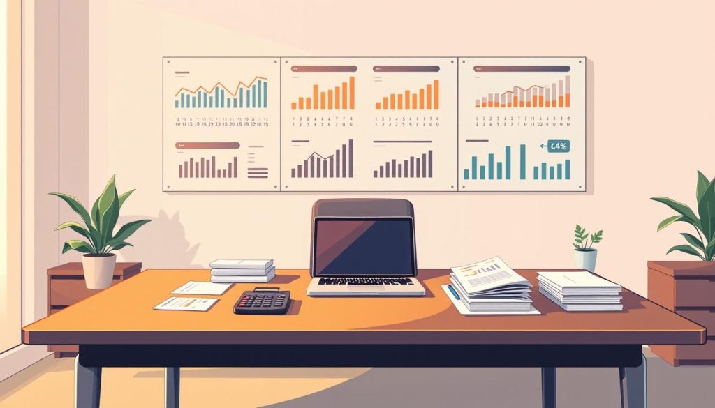 A sleek, modern office desk with a laptop, calculator, and various financial documents neatly arranged. The desk is illuminated by a warm, directional light, casting subtle shadows that highlight the textures of the materials. In the background, a minimalist wall display showcases a series of financial metrics and charts, conveying the data-driven nature of business finance. The overall scene exudes a sense of professionalism, efficiency, and attention to detail, perfectly capturing the essence of "Navigating Financial Metrics and Cash Flow".