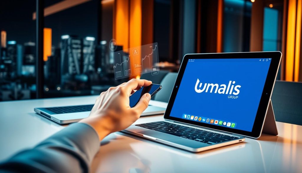 A sleek, modern office desk with a laptop, smartphone, and tablet displaying the Umalis Group logo. In the foreground, a hand interacts with the touchscreen, integrating social media data into the CRM dashboard. The background features a cityscape with skyscrapers, conveying the interconnectedness of digital tools and customer engagement. Warm, natural lighting illuminates the scene, creating a sense of productivity and efficiency. The overall composition emphasizes the seamless integration of social media and CRM, highlighting Umalis Group's expertise in optimizing customer relationships.