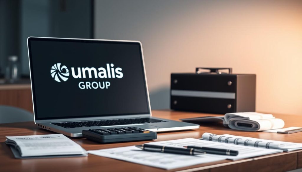 A sleek, modern office desktop with the Umalis Group logo prominently displayed on a laptop screen. Atop the desk, an assortment of professional items neatly arranged, including a calculator, pen, notepad, and various receipt-like documents. Soft, directional lighting illuminates the scene, creating a sense of focus and productivity. The background is blurred, emphasizing the desk's contents and conveying a serene, business-like atmosphere. The overall composition suggests the optimization of professional expenses, a key component of successful salary negotiations in the world of freelance work.
