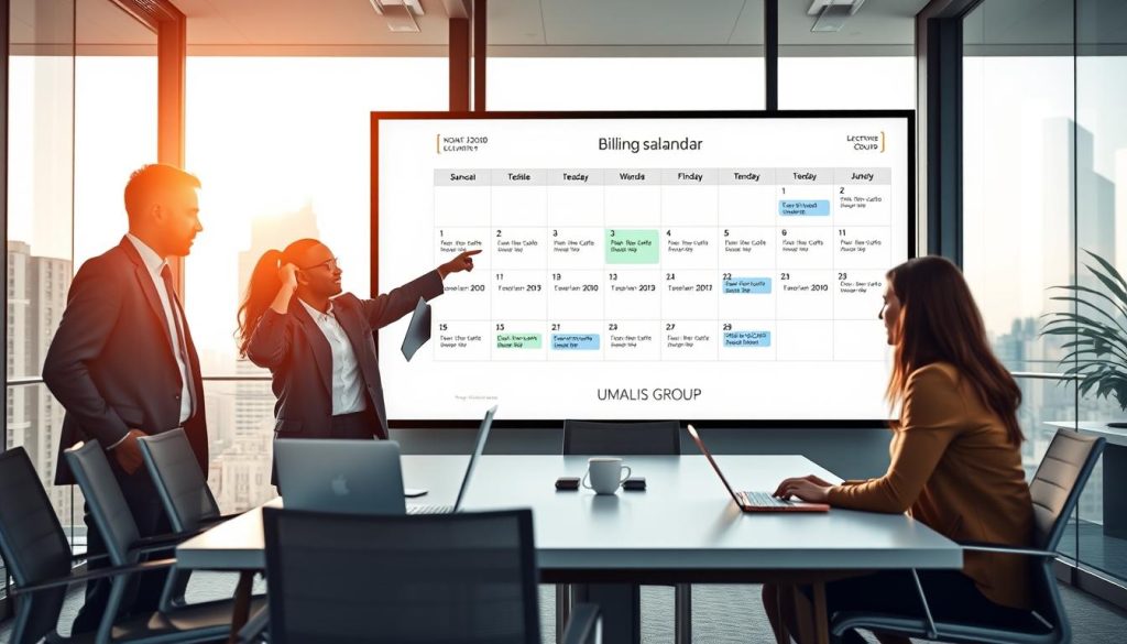 A sleek, modern office environment featuring a digital billing calendar on a large screen, prominently displaying dates and deadlines related to electronic invoicing in the context of portage salarial. In the foreground, a diverse group of three professionals dressed in smart business attire are collaborating, pointing at the calendar with expressions of focus and teamwork. The middle ground showcases a stylish conference table with laptops and digital devices, while the background features large windows with natural light streaming in, illuminating the office space. Subtle reflections of cityscape can be seen through the glass, creating a productive and inspiring atmosphere. The brand name "UMALIS GROUP" is subtly integrated into the design elements of the calendar screen. The mood is professional and collaborative, emphasizing efficiency in invoicing processes.