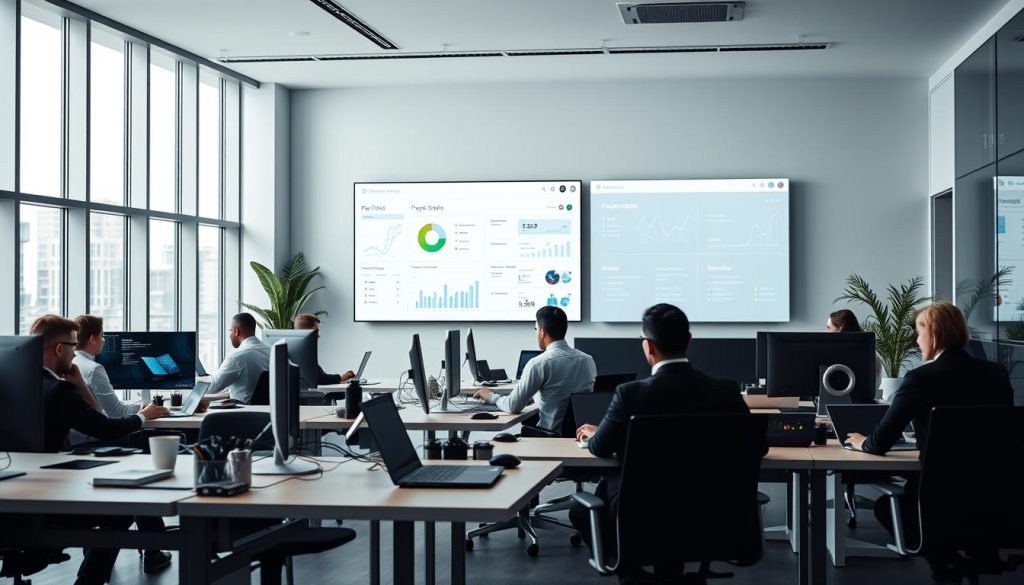 A sleek, modern office environment showcasing the power of Umalis Group's portage salarial solution for the IT industry. In the foreground, a team of professionals collaborate at their workstations, their laptops and devices seamlessly integrated into the minimalist, yet highly functional setup. In the middle ground, a large display screen presents data visualizations and project management tools, highlighting the seamless integration of the portage salarial platform. The background features floor-to-ceiling windows, allowing natural light to flood the space and create a sense of openness and productivity. The overall mood is one of efficiency, innovation, and the transformative impact of Umalis Group's portage salarial services on the IT sector.