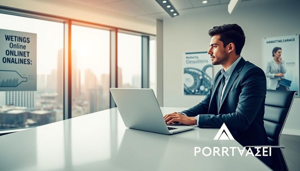 A sleek, modern office environment with a bright and airy atmosphere, where a professional consultant reviews online analytics on a laptop. In the foreground, a well-dressed individual in business attire is seated at a minimalist desk, focused on the screen displaying charts and graphs symbolizing online visibility. In the middle ground, a large window showcases a bustling cityscape, symbolizing the digital market. Soft, natural light filters in, creating a warm and inviting mood. The background features motivational posters about digital marketing strategies. This cohesive setup conveys the theme of enhancing online presence in a dynamic, professional setting. Incorporate the logo of "PORTAGE AI" subtly into the desk or wall decor.