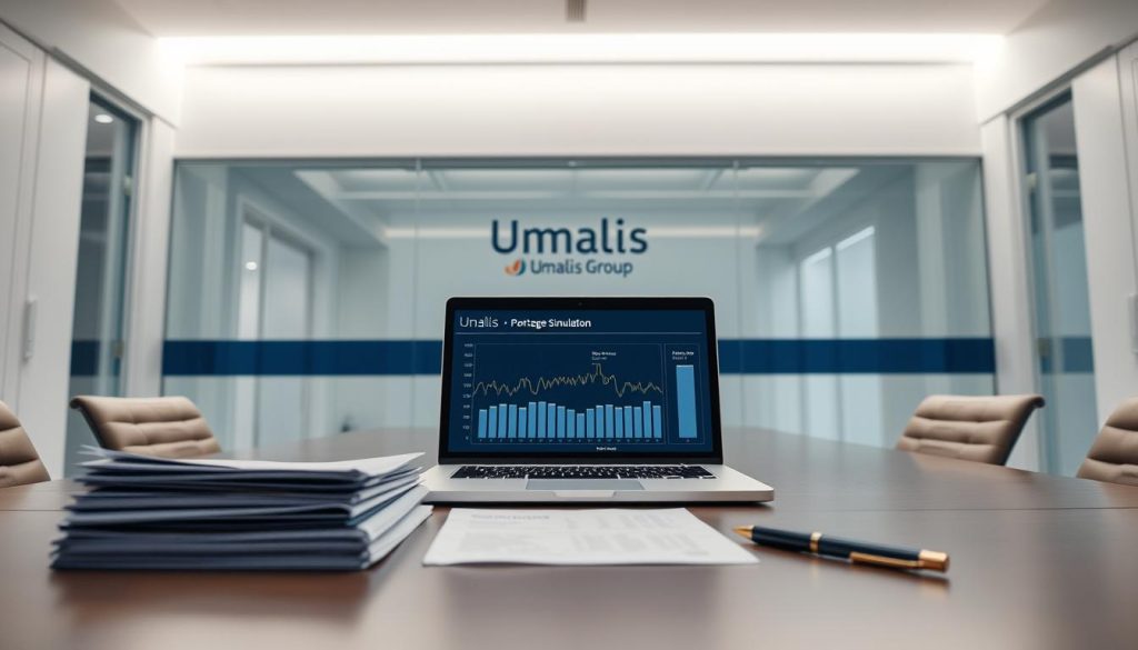 A sleek, modern office environment with a central desk showcasing a laptop displaying salary simulation data for a "portage salarial" (umbrella company) service. Crisp lighting accentuates the clean, minimalist aesthetic. In the foreground, a stack of documents and a pen symbolize the administrative aspects. The background features the Umalis Group logo, subtly indicating the provider of this tailored payroll solution. An atmosphere of professionalism, efficiency, and financial transparency pervades the scene.