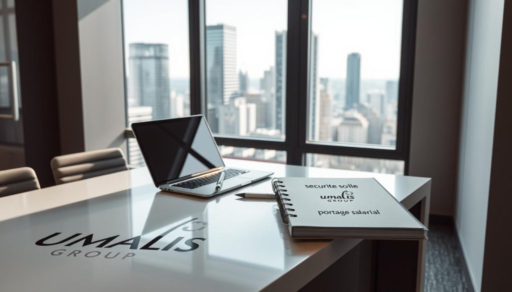 A sleek, modern office environment with an employee desk displaying the "UMALIS GROUP" brand name. On the desk, a laptop, a tablet, and a folder labeled "sécurité sociale portage salarial" are neatly arranged, reflecting the professional and organized nature of the independent consultant's workplace. The lighting is bright and natural, creating a warm and productive atmosphere. In the background, a large window overlooking a bustling city skyline provides a sense of urban sophistication. The overall scene conveys the advantages of the "portage salarial" system for independent consultants, showcasing their ability to maintain a professional and efficient work setup while enjoying the benefits of this employment model.