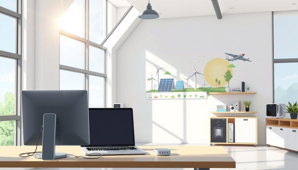 A sleek, modern office interior flooded with natural light streaming through large windows. In the foreground, a workspace features energy-efficient LED lighting and a laptop connected to a smart power strip, showcasing sustainable computing solutions. In the middle ground, shelves display a range of energy-efficient home appliances and smart home devices. The background features a minimalist, yet stylish, wall display highlighting various renewable energy technologies, such as solar panels and wind turbines, creating an aspirational atmosphere of eco-friendly innovations.