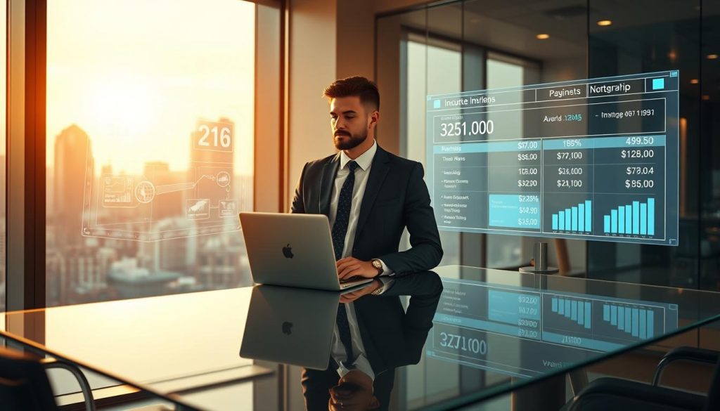 A sleek, modern office interior showcasing the Umalis Group's optimization services for salaried workers. A well-dressed professional stands at a glass-topped desk, laptop open, surrounded by holographic displays illustrating revenue analytics and payslip calculations. Warm ambient lighting bathes the scene, creating an atmosphere of productivity and financial empowerment. In the background, a large window offers a cityscape view, symbolizing the broader business landscape. The overall composition conveys the Umalis Group's expertise in optimizing salaried incomes through their specialized portage services.