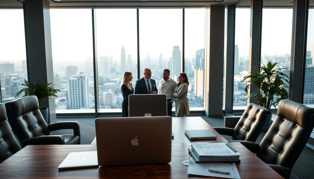 A sleek, modern office interior showcasing the Umalis Group's portage salarial services. The scene depicts a well-appointed workspace with a large wooden desk, plush leather chairs, and floor-to-ceiling windows bathed in warm, natural light. In the foreground, a laptop and documents sit neatly arranged, hinting at the administrative tasks handled by the Umalis Group. The middle ground features a team of professionals engaged in discussion, their expressions conveying the collaborative nature of the portage salarial model. The background reveals an expansive city skyline, symbolizing the broader business landscape in which the Umalis Group operates. The overall mood is one of professionalism, efficiency, and a forward-looking approach to freelance careers.