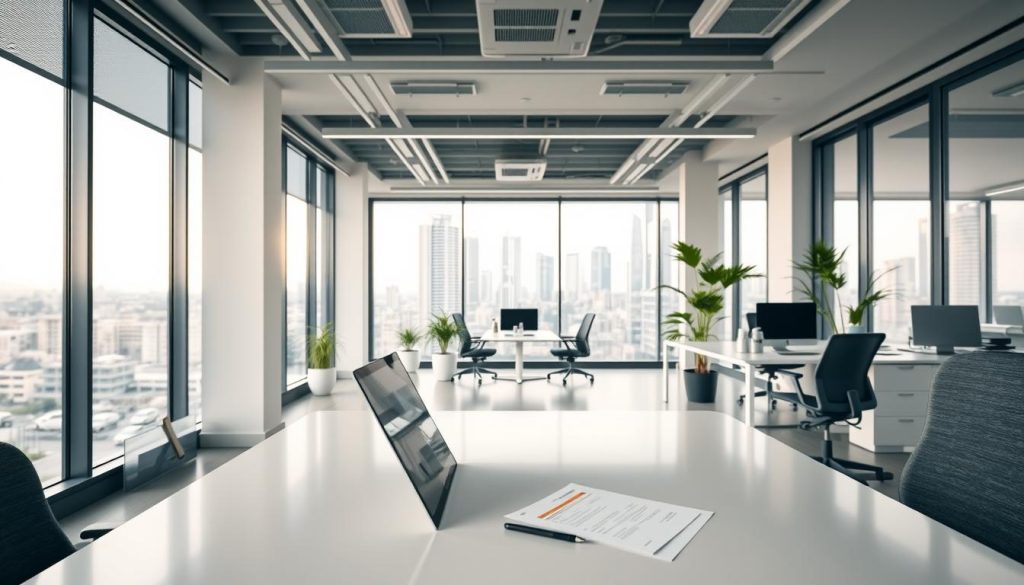 A sleek, modern office interior showcasing the Umalis Group's "société portage salarial" services. The foreground features a professional-looking desk with a laptop, paperwork, and a stylized "Umalis Group" logo. The middle ground showcases a well-lit, minimalist workspace with ergonomic chairs and potted plants, conveying an atmosphere of productivity and efficiency. In the background, large windows provide an abundance of natural light, overlooking a bustling cityscape. The overall scene exudes a sense of trust, reliability, and streamlined business operations, perfectly suited to illustrate the "Choisir sa société de portage salarial et optimiser les frais de gestion" section of the article.