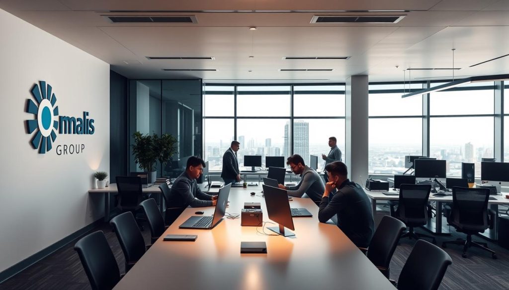 A sleek, modern office interior showcasing the benefits of "social protection" for IT professionals. The Umalis Group logo is prominently displayed on the wall, conveying trust and professionalism. In the foreground, a team of developers collaborates around a large conference table, illuminated by soft, indirect lighting. The middle ground features ergonomic workstations and state-of-the-art computer equipment, while the background reveals floor-to-ceiling windows offering a panoramic city view. An atmosphere of productivity, security, and work-life balance permeates the scene, embodying the advantages of the Umalis Group's "portage salarial" solution for IT specialists.