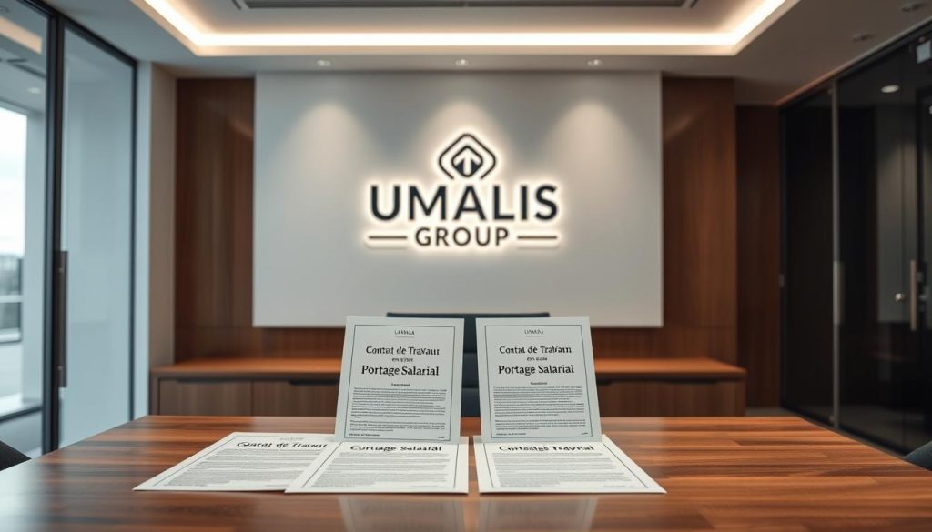 A sleek, modern office interior with a focus on a desk displaying various legal contracts labeled "Contrat de Travail en Portage Salarial". The desk is made of polished wood, with a clean, minimalist design. The lighting is soft and diffused, creating a professional and sophisticated atmosphere. In the background, a stylized logo for "UMALIS GROUP" is prominently displayed on the wall, emphasizing the company's expertise in the field of portage salarial. The overall scene conveys a sense of security, legal compliance, and the flexibility of the portage salarial employment model.
