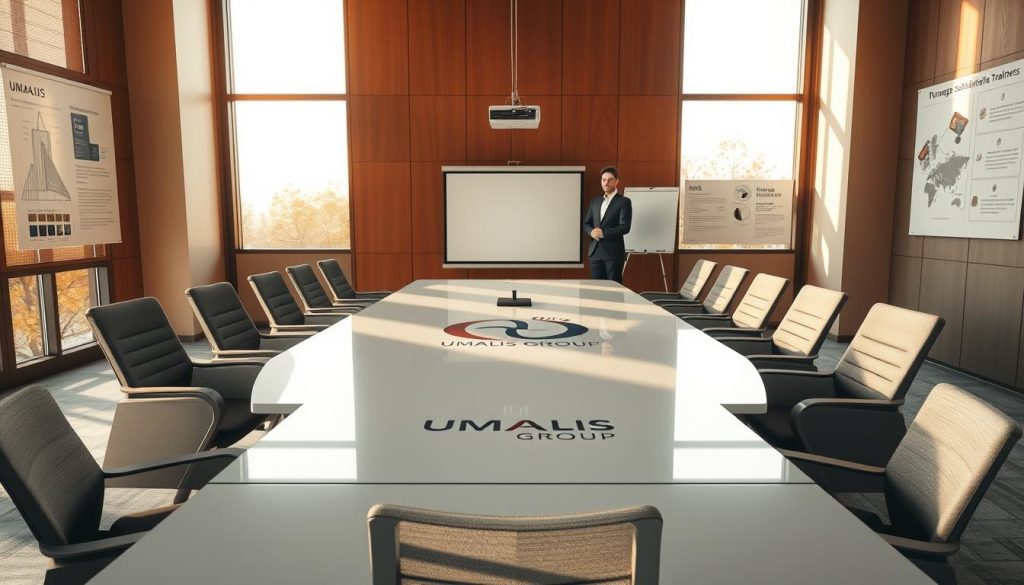 A sleek, modern office interior with a large conference table and comfortable chairs. The table is adorned with the UMALIS GROUP logo, signifying a professional training session on "Portage Salarial" for independent trainers. Warm, natural lighting filters in through floor-to-ceiling windows, creating a serene and collaborative atmosphere. On the walls, informative visuals and diagrams illustrate the key concepts of the "Portage Salarial" system. A projector displays relevant information, while a skilled trainer stands at the head of the table, guiding the discussion. The overall scene conveys an educational, yet dynamic environment where independent professionals can learn about this unique employment model.