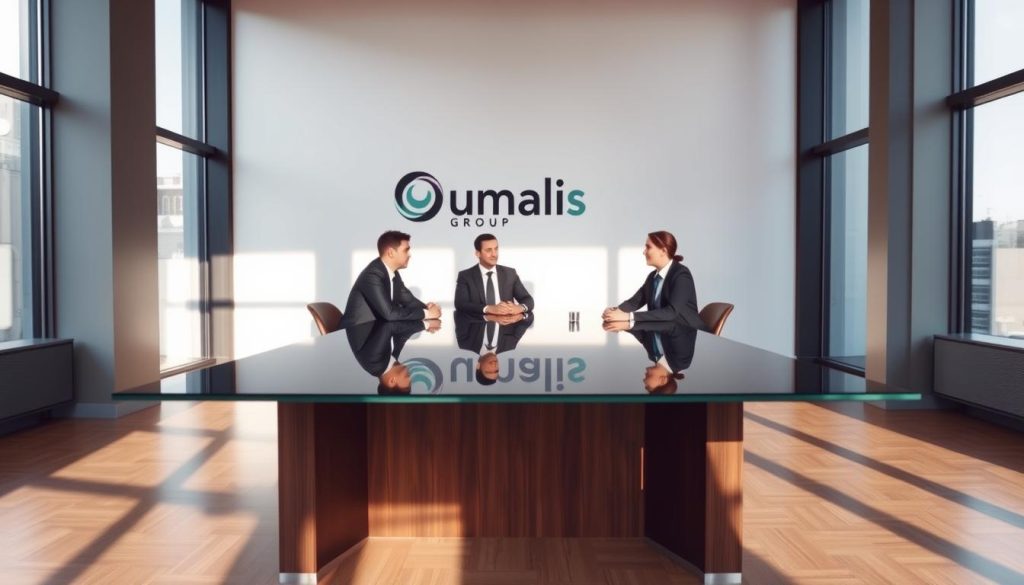 A sleek, modern office interior with a large conference table in the foreground. The table features a minimalist design in dark wood and glass, creating a professional yet welcoming atmosphere. Three businesspeople in suits are seated around the table, engaged in a collaborative discussion. The room is flooded with natural light from large windows, casting a warm glow on the scene. In the background, the Umalis Group logo is prominently displayed on the wall, indicating this is a meeting between partners in a tripartite agreement. The overall mood is one of productivity, cooperation, and strategic decision-making.
