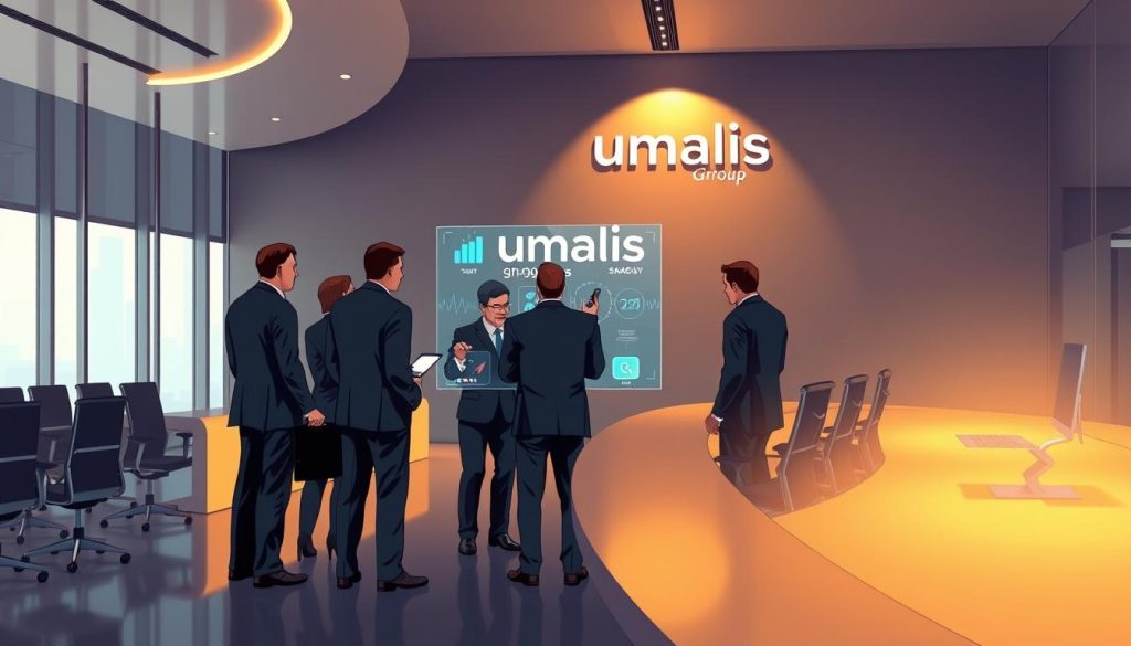 A sleek, modern office interior with a large, curved desk and ergonomic chairs. In the foreground, a team of business professionals in suits huddle around a holographic projection, discussing IT transformation strategies. The lighting is warm and focused, creating a sense of collaboration and innovation. In the background, the Umalis Group logo is prominently displayed on the wall, signifying the company's expertise in professional business consulting services. The scene conveys a dynamic, forward-thinking atmosphere where technology and strategy converge to drive business success. A sleek, modern office interior with a large, curved desk and ergonomic chairs. In the foreground, a team of business professionals in suits huddle around a holographic projection, discussing IT transformation strategies. The lighting is warm and focused, creating a sense of collaboration and innovation. In the background, the Umalis Group logo is prominently displayed on the wall, signifying the company's expertise in professional business consulting services. The scene conveys a dynamic, forward-thinking atmosphere where technology and strategy converge to drive business success.