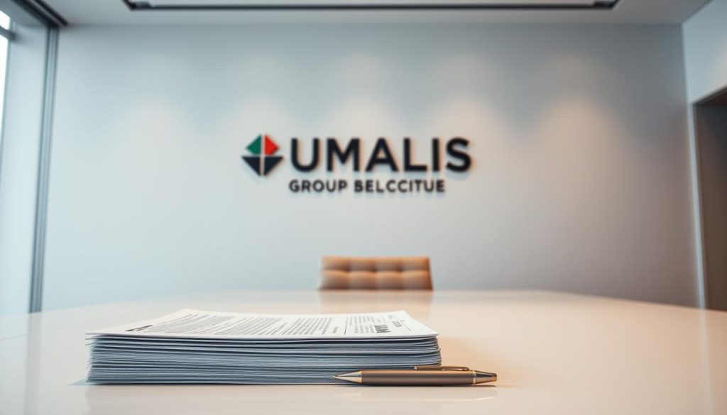 A sleek, modern office interior with a large desk and a professional-looking laptop computer. On the desk, a stack of documents labeled "Assurance Responsabilité Civile Professionnelle" and a pen. In the background, a wall with the UMALIS GROUP logo prominently displayed, conveying a sense of reliability and trustworthiness. The lighting is soft and warm, creating a calm and confident atmosphere. The camera angle is slightly elevated, giving a sense of professionalism and authority to the scene.