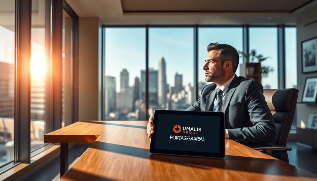 A sleek, modern office interior with a large window overlooking a bustling city skyline. In the foreground, a well-dressed professional sits at a polished wooden desk, deep in thought. On the desk, a tablet displays the UMALIS GROUP logo, representing the concept of "portage salarial". The lighting is warm and natural, creating a sophisticated and productive atmosphere. In the background, bookshelves and framed artwork add depth and texture to the scene. The overall composition conveys a sense of expertise, professionalism, and the complexities of the "portage salarial" concept.