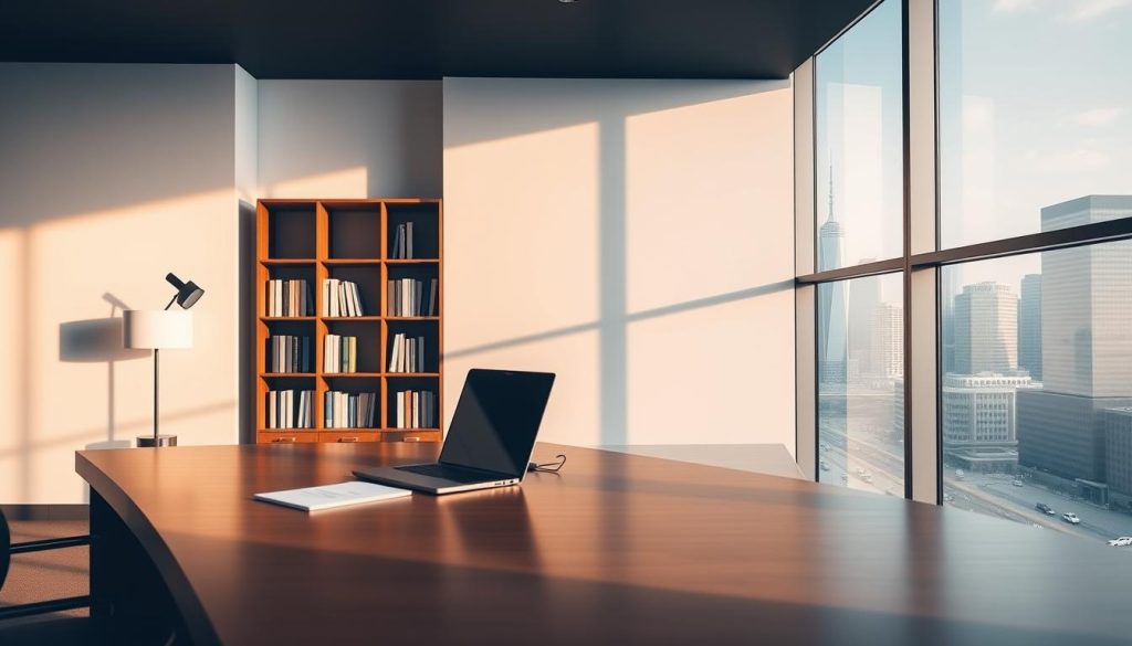 A sleek, modern office interior with a large window overlooking a bustling city skyline. In the foreground, a polished wooden desk with a laptop, a stylized lamp, and a few carefully arranged documents. The middle ground features a minimalist bookshelf against a crisp, white wall, hinting at the legal framework and regulations surrounding the Portage Salarial employment model. The background showcases the city through the window, with skyscrapers and traffic below, suggesting the dynamic, flexible nature of this employment approach. The lighting is soft and warm, creating a professional, yet inviting atmosphere. The overall composition conveys a sense of order, structure, and the integration of modern work practices within a well-defined legal context.