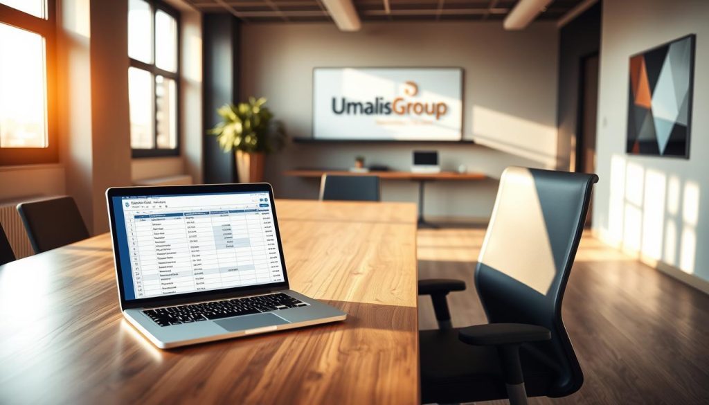 A sleek, modern office interior with a large wooden desk and ergonomic chair. On the desk, a laptop displays a spreadsheet with various expense categories, including "Frais professionnels" and "Portage salarial". The room is bathed in warm, natural light filtering through large windows, creating a productive and inviting atmosphere. In the background, the Umalis Group logo is subtly displayed on the wall, reinforcing the professional and reliable nature of the service. The image conveys the concept of "Avantages fiscaux du portage salarial", highlighting the efficient management of business expenses and the benefits of the Umalis Group's expertise in this domain.