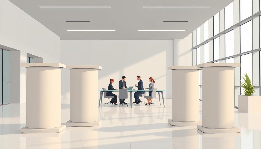 A sleek, modern office interior with a minimalist design. In the foreground, four sturdy pillars - representing strategy, expertise, integrity, and client-focus - stand as the core supporting elements of a professional services firm. The pillars are made of smooth, polished stone, reflecting the high-quality, reliable nature of the services offered. In the middle ground, a team of professionals in business attire collaborate at a long, glass conference table, underscoring the collaborative, client-centric nature of the work. The background features floor-to-ceiling windows, allowing natural light to flood the space and create a sense of openness and transparency. The overall mood is one of professionalism, sophistication, and innovation.