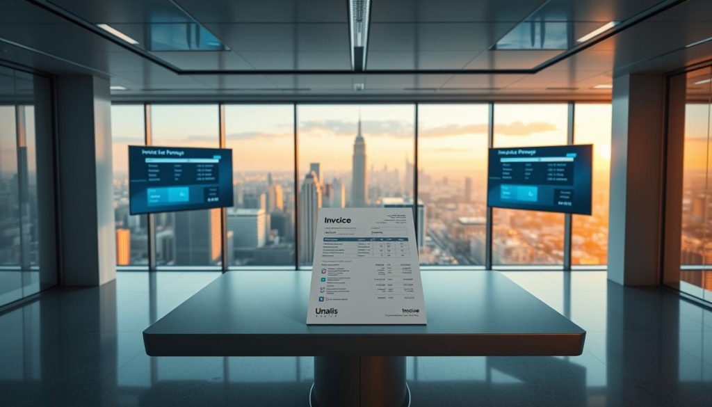 A sleek, modern office interior with a minimalist, high-tech aesthetic. In the foreground, an elegant, floating desk displays a detailed invoice template, showcasing the Umalis Group branding. The middle ground features a sophisticated document management system, with digital screens displaying the step-by-step billing process. In the background, a large window provides a panoramic view of a bustling cityscape, bathed in the warm glow of golden-hour lighting. The overall atmosphere conveys a sense of professionalism, efficiency, and technological sophistication associated with the Umalis Group's invoicing and payroll services.