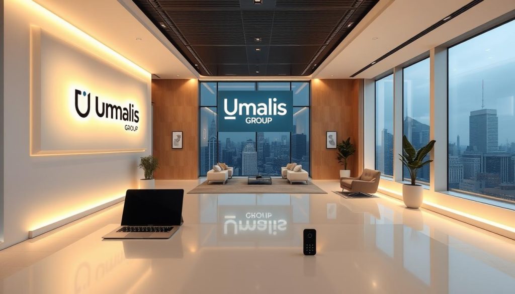 A sleek, modern office interior with a minimalist, sophisticated aesthetic. The "Umalis Group" logo is prominently displayed on a large, backlit wall panel, casting a warm glow throughout the space. The lighting is a blend of soft, diffused natural light from expansive windows and subtle, recessed LED fixtures that create a harmonious, professional ambiance. In the foreground, a clean, geometric desk with a laptop, tablet, and a few carefully curated office accessories convey a sense of productivity and attention to detail. The middle ground features plush, modern seating arrangements and subtle branding elements, such as framed artwork or stylized iconography. The background showcases a striking, panoramic city skyline view, emphasizing the global reach and aspirations of the "Umalis Group" brand.