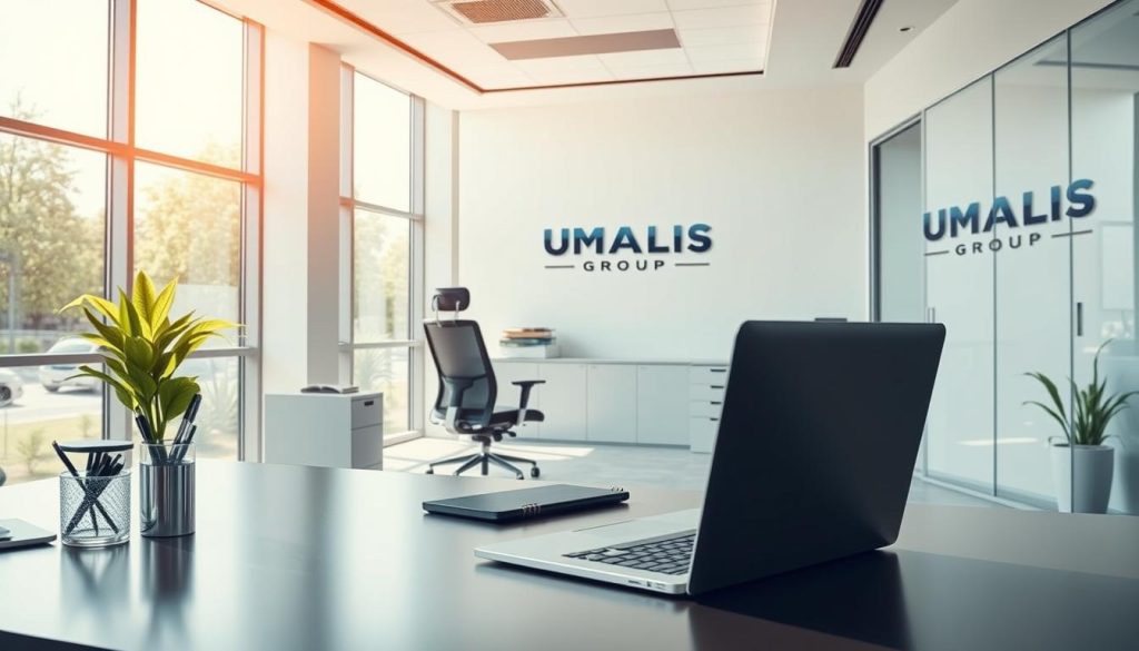 A sleek, modern office interior with a professional, business-oriented atmosphere. The foreground features a well-appointed desk with a laptop, pen holder, and other essential work accessories. The middle ground showcases an ergonomic office chair and a filing cabinet, hinting at the organized workflow. In the background, floor-to-ceiling windows let in abundant natural light, creating a bright and airy ambiance. The walls display the UMALIS GROUP logo, reinforcing the corporate branding. The overall scene conveys a sense of productivity, efficiency, and the comfort of a well-designed workspace for professional portage services.