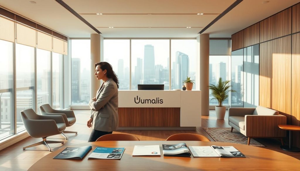 A sleek, modern office interior with a prominent central desk bearing the "Umalis Group" logo. Soft, natural lighting filters in through large windows, casting a warm glow over the polished wood surfaces and minimalist decor. In the foreground, a businessperson is engaged in thoughtful contemplation, surrounded by informational materials about "portage salarial" options. The middle ground features ergonomic chairs and a cozy seating area, inviting visitors to explore the services offered. The background hints at a bustling city skyline, symbolizing the connectivity and professionalism of the Umalis Group's "choisir société portage salarial" solution.