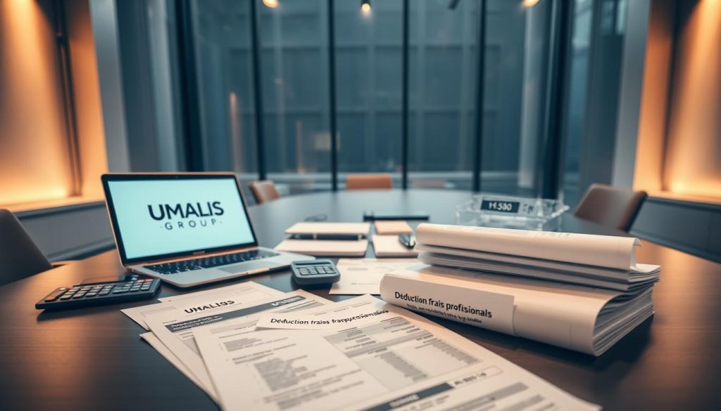 A sleek, modern office interior with a prominent desk showcasing financial documents, calculators, and a laptop displaying the UMALIS GROUP brand logo. Warm, directional lighting from tall windows casts a professional glow, while minimalist decor and clean lines convey an atmosphere of efficiency and attention to detail. In the foreground, neatly organized expense receipts, invoices, and a tax form titled "Déduction frais professionnels" create a sense of meticulous financial management. The overall scene embodies the concept of "Optimisation fiscale et déduction des frais professionnels" within the context of the French portage salarial system.