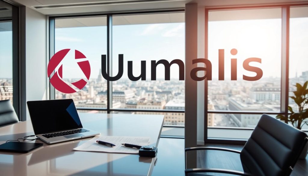 A sleek, modern office interior with a prominently displayed "Umalis Group" logo. The scene features a well-lit desk with a laptop, documents, and a pen neatly arranged, conveying a sense of professionalism and attention to detail. The background showcases a large window with a cityscape view, bathing the space in natural light and creating a sense of openness and transparency. The overall atmosphere is one of efficiency, organization, and a commitment to legal and administrative obligations for a thriving enterprise in France.