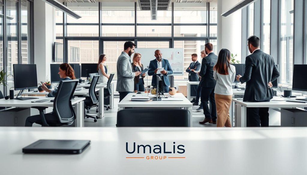 A sleek, modern office interior with a team of business professionals collaborating on administrative tasks. The foreground features an open-concept workspace with ergonomic desks, high-end computers, and minimal decor. In the middle ground, employees in smart casual attire are engaged in discussion, digital presentations, and paperwork, conveying a sense of efficient workflow. The background showcases floor-to-ceiling windows, allowing natural light to flood the space and creating a bright, airy atmosphere. The Umalis Group logo is subtly displayed on a wall or desk, highlighting the company's role in providing administrative solutions for professionals.