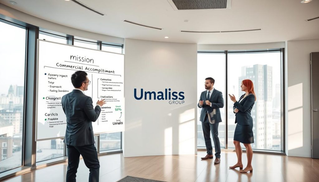 A sleek, modern office interior with a team of professionals collaborating on a project. In the foreground, a large, curved whiteboard displays various "mission" objectives and "commercial accompaniment" strategies. Umalis Group's logo is prominently displayed on the wall, conveying the brand's expertise in this domain. The middle ground features a group of well-dressed individuals engaged in lively discussion, gesturing towards the whiteboard. The background showcases floor-to-ceiling windows, allowing ample natural light to flood the space and create a sense of openness and professionalism. The overall mood is one of productivity, innovation, and a focus on client success.