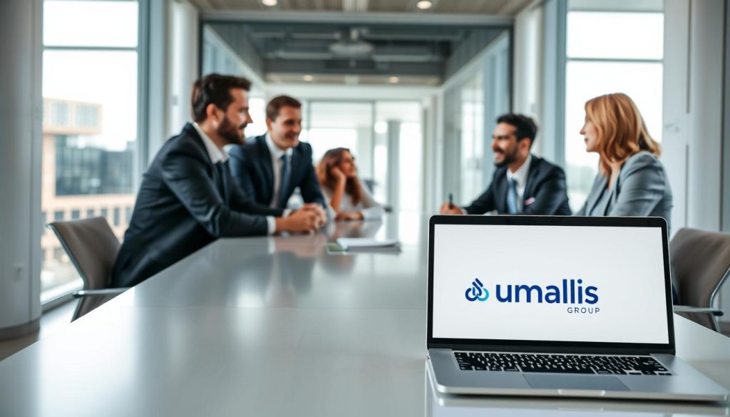 A sleek, modern office interior with a team of professionals gathered around a conference table, deep in discussion. The room is bathed in soft, natural light filtering through large windows, lending an air of professionalism and clarity. In the foreground, a laptop displays the Umalis Group logo, symbolizing the expertise and guidance they provide in navigating the complexities of "cas pratiques portage salarial". The team members, dressed in business attire, are engaged in animated conversation, their expressions reflecting the importance of the topic at hand. The overall atmosphere conveys a sense of authority, problem-solving, and a commitment to providing practical solutions.