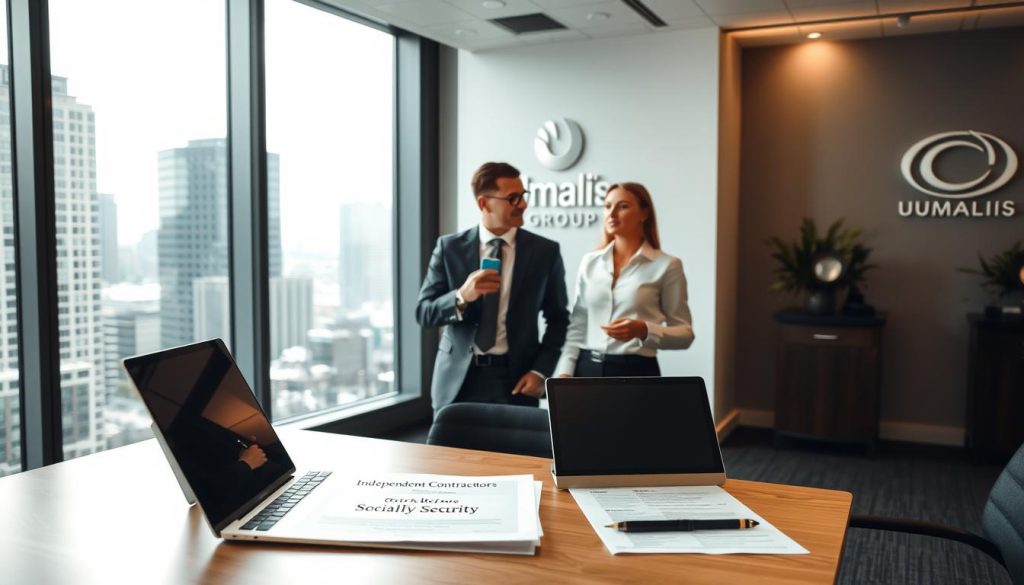 A sleek, modern office interior with a warm, professional atmosphere. In the foreground, a desk displays a laptop, tablet, and documents labeled "Independent Contractors Social Security". In the middle ground, two individuals in business attire engage in a discussion, gesturing towards the desk. The background features floor-to-ceiling windows overlooking a bustling cityscape, with the Umalis Group logo prominently displayed on the wall. Soft, directional lighting illuminates the scene, creating a sense of productivity and collaboration.