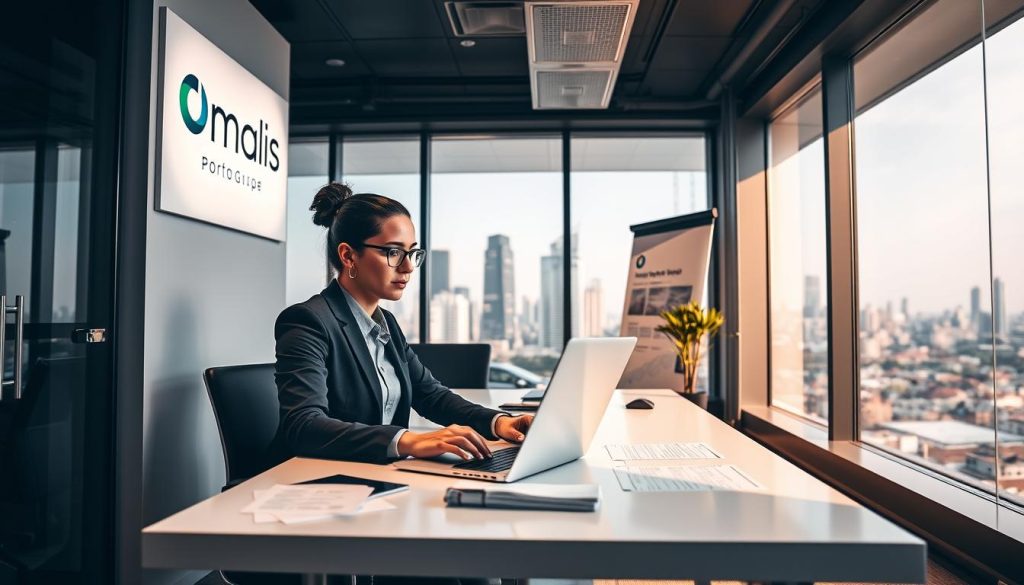 A sleek, modern office interior with an administrative professional working diligently on a laptop, surrounded by the Umalis Group's branded materials and signage. The room is bathed in warm, directional lighting, highlighting the focus and concentration on the employee's face as they navigate the intricacies of the "portage salarial" administrative process. The middle ground features a clean, organized desk with relevant documents and a professional-looking work setup. In the background, a large window offers a scenic view of a bustling city skyline, conveying a sense of the broader business context. The overall mood is one of efficiency, professionalism, and the Umalis Group's expertise in the IT freelance "portage salarial" domain.