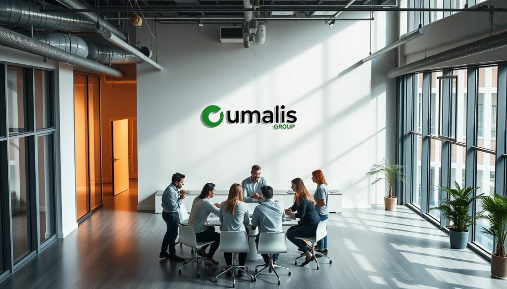 A sleek, modern office interior with an open floor plan and plenty of natural light streaming in through large windows. In the center, a group of young, professional-looking people are gathered around a table, engaged in a lively discussion. The Umalis Group logo is prominently displayed on the wall, conveying a sense of innovation and collaboration. The scene exudes a sense of autonomy, with the employees working independently yet cohesively as a team. The lighting is soft and diffused, creating a warm and productive atmosphere. The camera angle is slightly elevated, providing a birds-eye view of the dynamic workspace.