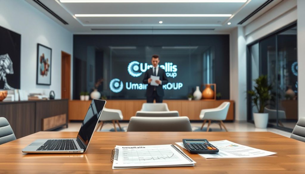 A sleek, modern office interior with clean lines and minimalist decor. A large desk with a laptop, financial documents, and a calculator sit in the foreground, representing the fiscal and economic aspects of freelance work. In the middle ground, a person in a suit stands, examining paperwork, symbolizing the administrative and legal considerations of this employment model. The background showcases the Umalis Group logo, emphasizing the professional support and services offered to freelance IT professionals. Soft, warm lighting creates a productive and serene atmosphere, conveying the security and freedom of the portage salarial arrangement. A sleek, modern office interior with clean lines and minimalist decor. A large desk with a laptop, financial documents, and a calculator sit in the foreground, representing the fiscal and economic aspects of freelance work. In the middle ground, a person in a suit stands, examining paperwork, symbolizing the administrative and legal considerations of this employment model. The background showcases the Umalis Group logo, emphasizing the professional support and services offered to freelance IT professionals. Soft, warm lighting creates a productive and serene atmosphere, conveying the security and freedom of the portage salarial arrangement.