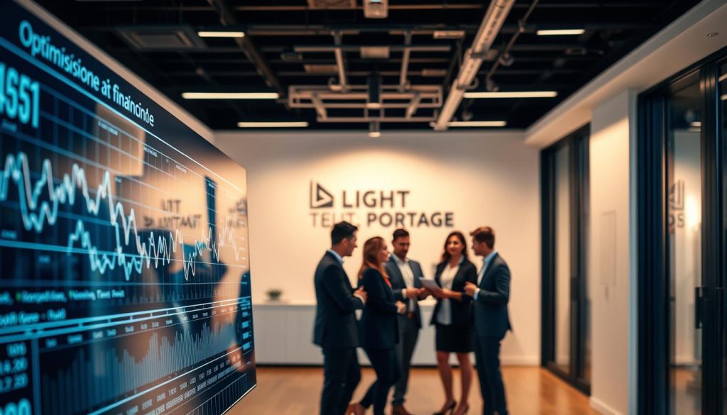 A sleek, modern office interior with clean lines and minimalist decor. In the foreground, a digital display shows intricate financial graphs and charts, representing the "Optimisation financière" aspect. The middle ground features a group of young, dynamic professionals in business attire, deep in discussion, symbolizing the "métiers numériques". In the background, the LIGHT PORTAGE brand logo is prominently displayed, highlighting its role in providing financial optimization solutions for the digital workforce. The lighting is warm and inviting, creating a professional yet welcoming atmosphere. The overall composition conveys a sense of efficiency, innovation, and the advantages of financial optimization for digital careers.