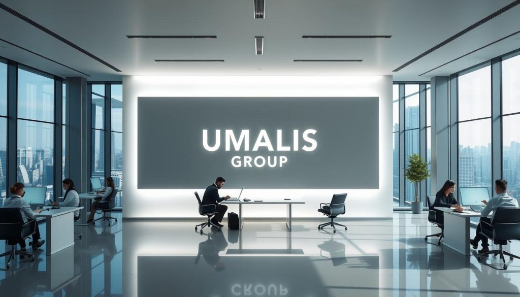 A sleek, modern office interior with clean lines and minimalist design. In the center, the UMALIS GROUP logo prominently displayed on a large, backlit wall panel. The space is filled with natural light, streaming in through floor-to-ceiling windows that offer a panoramic view of a bustling city skyline. Employees are working diligently at their desks, collaborating on projects. The atmosphere is professional yet relaxed, conveying the reliable and trustworthy nature of ABC Portage, a leading provider of portage salarial services.