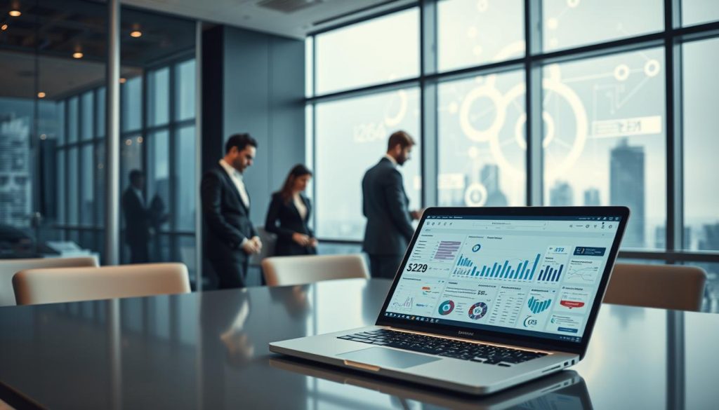 A sleek, modern office interior with expansive windows overlooking a bustling cityscape. In the foreground, a large desk showcases a laptop displaying detailed business intelligence, charts, and analytics from the "Umalis Group" platform. The middle ground features a team of professionals intently analyzing the data, their expressions intense yet focused. In the background, abstract data visualizations project onto the walls, casting a soft glow throughout the space. Subtle lighting and a minimalist color palette create a sense of professionalism and technological sophistication, perfectly capturing the essence of "exploiting information efficiently" for strategic advantage.
