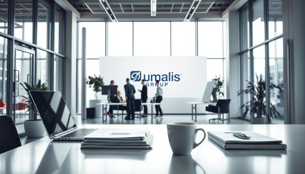 A sleek, modern office interior with floor-to-ceiling windows, allowing natural light to flood the space. In the foreground, a neatly organized desk features a laptop, folders, and a cup of coffee, symbolizing the efficient and professional nature of "portage salarial". The middle ground showcases a team of IT professionals, engaged in collaborative work, representing the "informatique" aspect. In the background, a large Umalis Group logo is prominently displayed, highlighting the company's expertise in this field. The overall atmosphere is one of productivity, security, and financial advantages, as suggested by the section title.