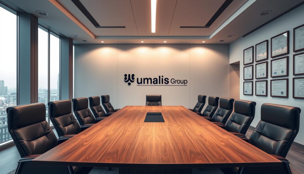 A sleek, modern office interior with floor-to-ceiling windows overlooking a cityscape. A large, wooden conference table dominates the foreground, surrounded by plush leather chairs. The walls are adorned with framed diplomas and legal certificates, conveying a sense of professionalism and authority. Soft, indirect lighting casts a warm glow throughout the space, creating a sophisticated and authoritative atmosphere. In the background, the Umalis Group logo is prominently displayed, underscoring the company's expertise in French labor law.
