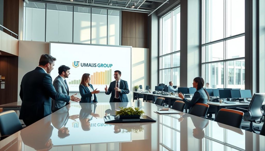 A sleek, modern office interior with high ceilings and ample natural light streaming in through large windows. In the foreground, a group of well-dressed professionals are engaged in a collaborative discussion around a polished conference table, gesturing animatedly as they review financial data projected on a large display screen. The Umalis Group logo is prominently featured on the wall behind them. In the background, rows of workstations are visible, where other employees are focused on their tasks, creating an atmosphere of productivity and professionalism. The lighting is warm and inviting, and the color palette is predominantly neutral with accents of the Umalis Group's brand colors. The scene conveys a sense of efficiency, optimization, and a commitment to maximizing revenue through strategic salarial portage.