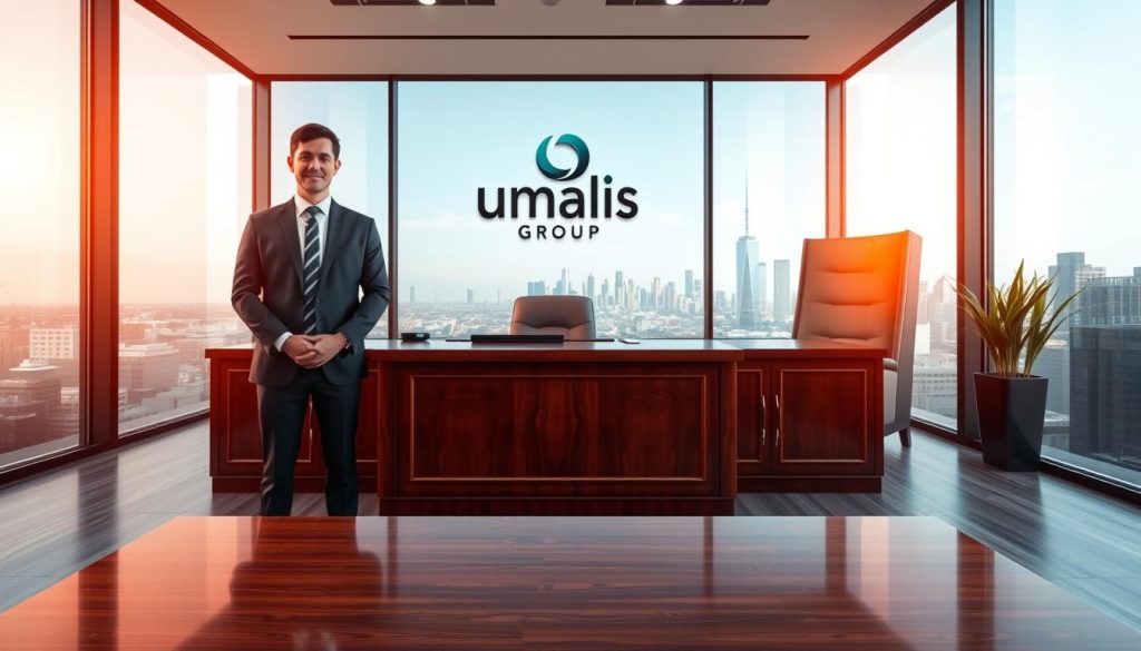 A sleek, modern office interior with large windows bathing the space in warm, natural light. In the foreground, a well-dressed professional stands before a polished wooden desk, exuding an air of authority and confidence. The middle ground features a plush leather chair and a Umalis Group logo prominently displayed on the wall, conveying a sense of security and stability. The background showcases a skyline view, suggesting the legal firm's prestigious location. The overall atmosphere evokes a feeling of trust, reliability, and professionalism, perfectly capturing the concept of "sécurité juridique".