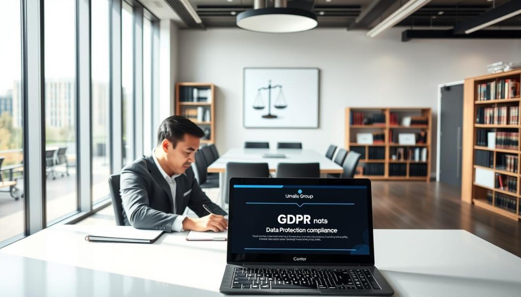 A sleek, modern office interior with large windows flooding the space with natural light. In the foreground, a Umalis Group employee sits at a desk, focused on a laptop displaying GDPR data protection compliance information. The middle ground features a conference table surrounded by chairs, symbolizing collaborative discussions on navigating the legal landscape. In the background, a bookshelf filled with legal tomes and a minimalist wall art piece depicting the scales of justice, conveying the gravity and importance of the GDPR framework. The overall atmosphere is one of professionalism, diligence, and a commitment to responsible data management.