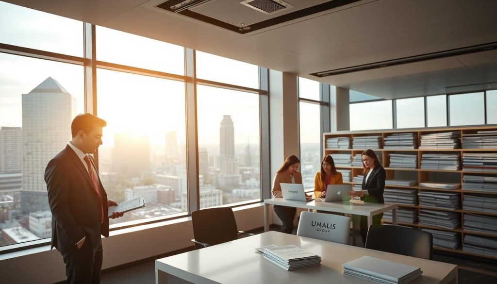 A sleek, modern office interior with large windows overlooking a bustling city skyline. In the foreground, a well-dressed professional stands at a minimalist desk, reviewing financial documents. The lighting is soft and warm, creating a sense of productivity and efficiency. In the middle ground, a team of professionals collaborates on a presentation, the Umalis Group logo prominently displayed on the laptop screens. The background features shelves of neatly organized financial records, hinting at the sophisticated fiscal optimization strategies employed by the company. The overall scene conveys an atmosphere of expertise, diligence, and a commitment to maximizing client benefits through ethical, innovative tax planning.