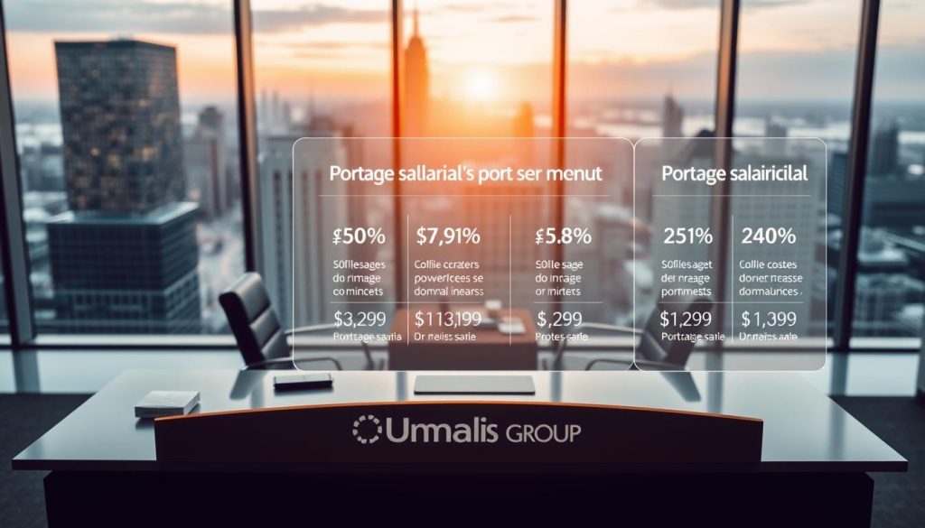 A sleek, modern office interior with large windows overlooking a bustling city skyline. In the foreground, a well-designed desk showcases the Umalis Group logo, flanked by ergonomic chairs and a minimalist decor. The middle ground features a transparent display showing detailed cost breakdowns and pricing structures for the "portage salarial" service, conveying a sense of transparency and professionalism. The background depicts a serene, well-lit atmosphere with subtle, warm lighting and a sophisticated color palette, creating an atmosphere of trust and reliability.