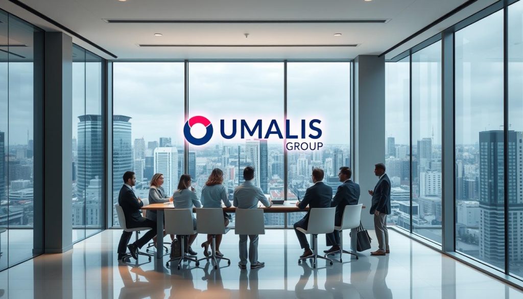 A sleek, modern office interior with large windows overlooking a bustling city skyline. In the foreground, a group of professionals in business attire are gathered around a conference table, engaged in a discussion about employee benefits and social protections. The UMALIS GROUP logo is prominently displayed on the wall behind them. Soft, directional lighting from overhead fixtures creates a warm, professional atmosphere, while the cityscape in the background suggests the scope and scale of the company's operations. The overall scene conveys the advantages of "protection sociale portage salarial" for enterprises, showcasing the support and flexibility it can provide to employees and employers alike.